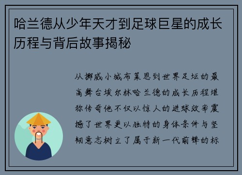 哈兰德从少年天才到足球巨星的成长历程与背后故事揭秘