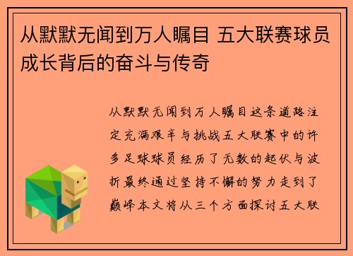 从默默无闻到万人瞩目 五大联赛球员成长背后的奋斗与传奇